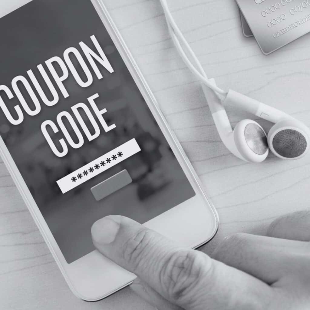 Easiest ways to save that are pain free, smart, simple and sensible.  image of a coupon code on smartphone