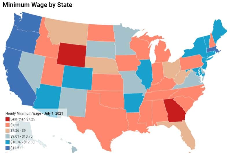 map of minimum wage by state for 2021