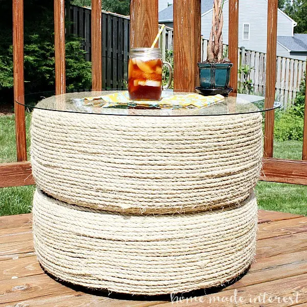diy upcycled rope and tire table 
