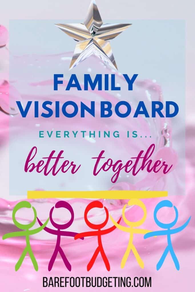 Parenting takes creativity, out of the box skills. and a positive mindset.  Making a family vision board is not only a lot of fun, but the benefits are endless.  Helping one another achieve goals, overcome obstacles and even fears.  Many famous people have raved about the results of vision boards, why not let your family have the same chance!   image is of a rainbow over clouds with a stick figure family in red, yellow, purple, green. .