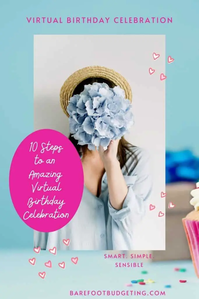 So, you're ready to host your first online virtual Birthday.  Now what? Don't panic, it's all here including the Thank you note!  We're covering it all. Guest list, invitation, entertainment, games, backdrops/ backgrounds for zoom, theme ideas and yes, even an example of the thank you card!   image is a pinterest pin. woman holding blue flowers with light blue shirt. background is faded birthday cupdake and gift.  