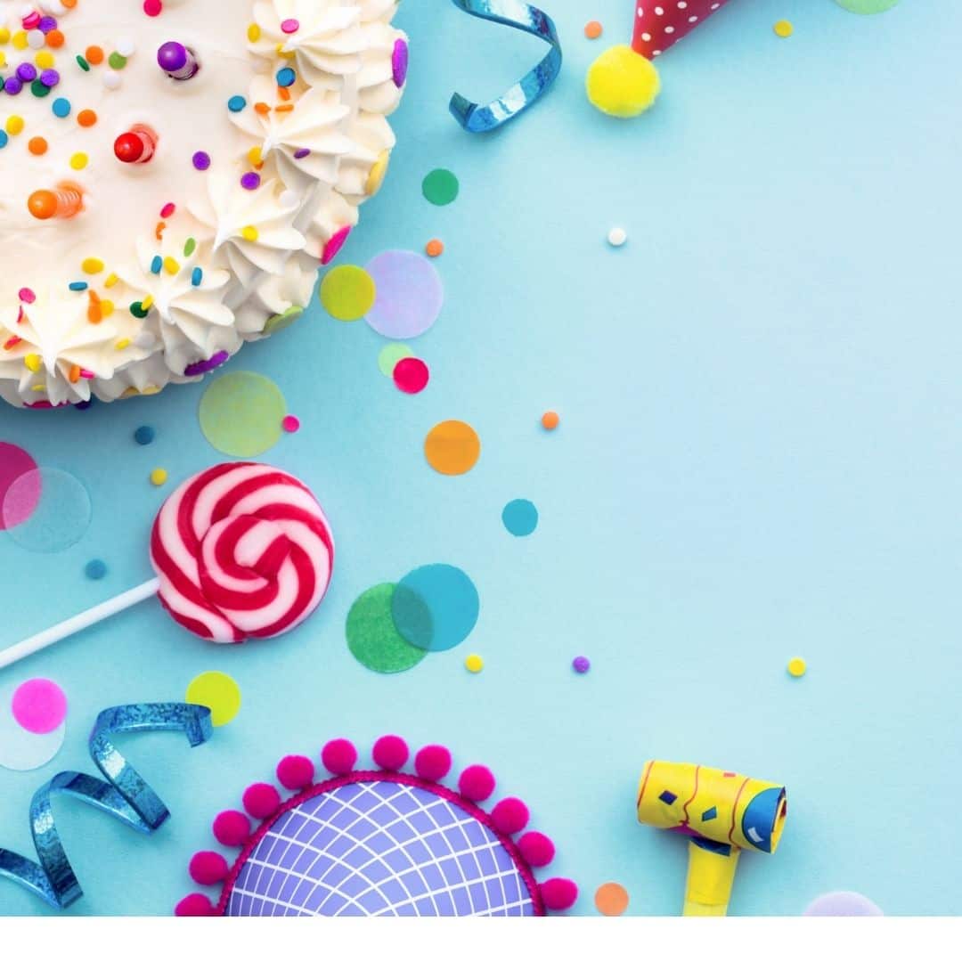 Birthdays when you're broke. Image is used for 'cover' photo. Image is over a light blue background with a birthday cake,and lollipop