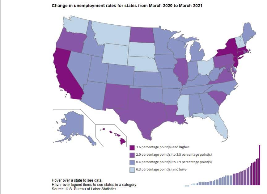 article: how to survive a layoff financially.  Image is sourced by bureau of labor statistics.  Shows a map of states with avg increas in unemployment rates per state