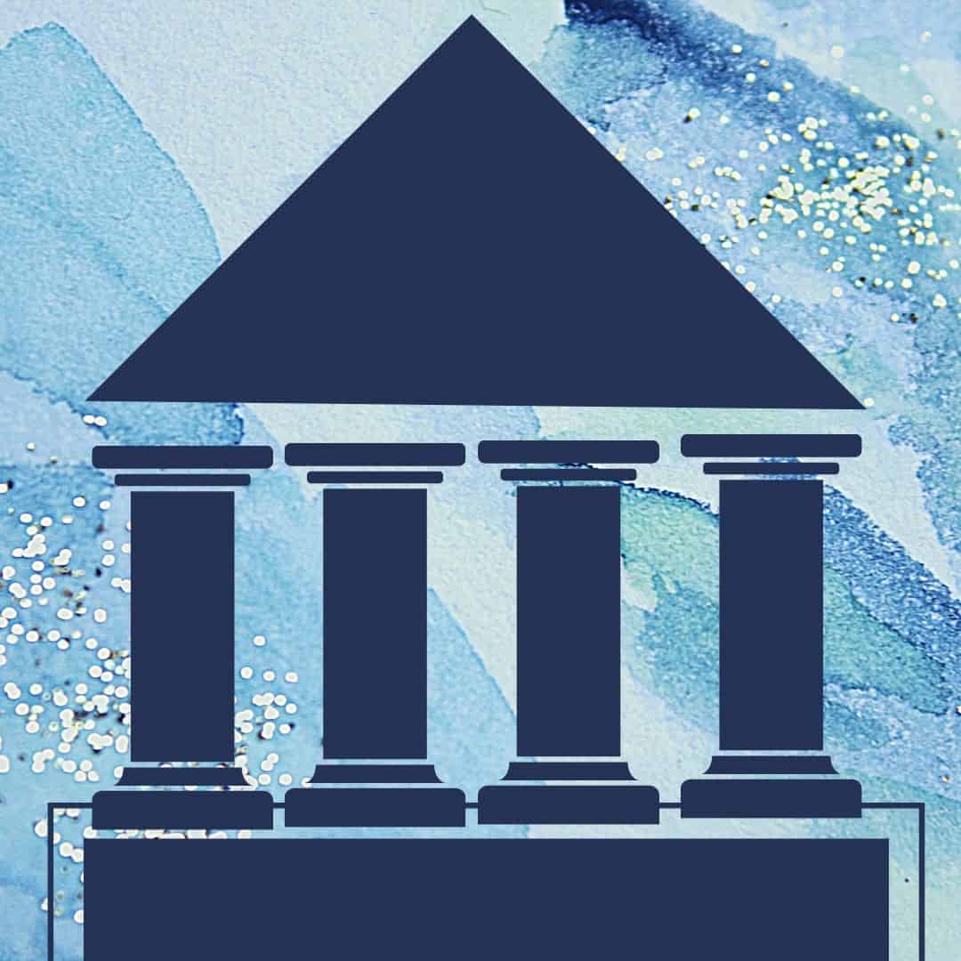 image of four pillars, a triangle roof, rectangle foundation in navy blue