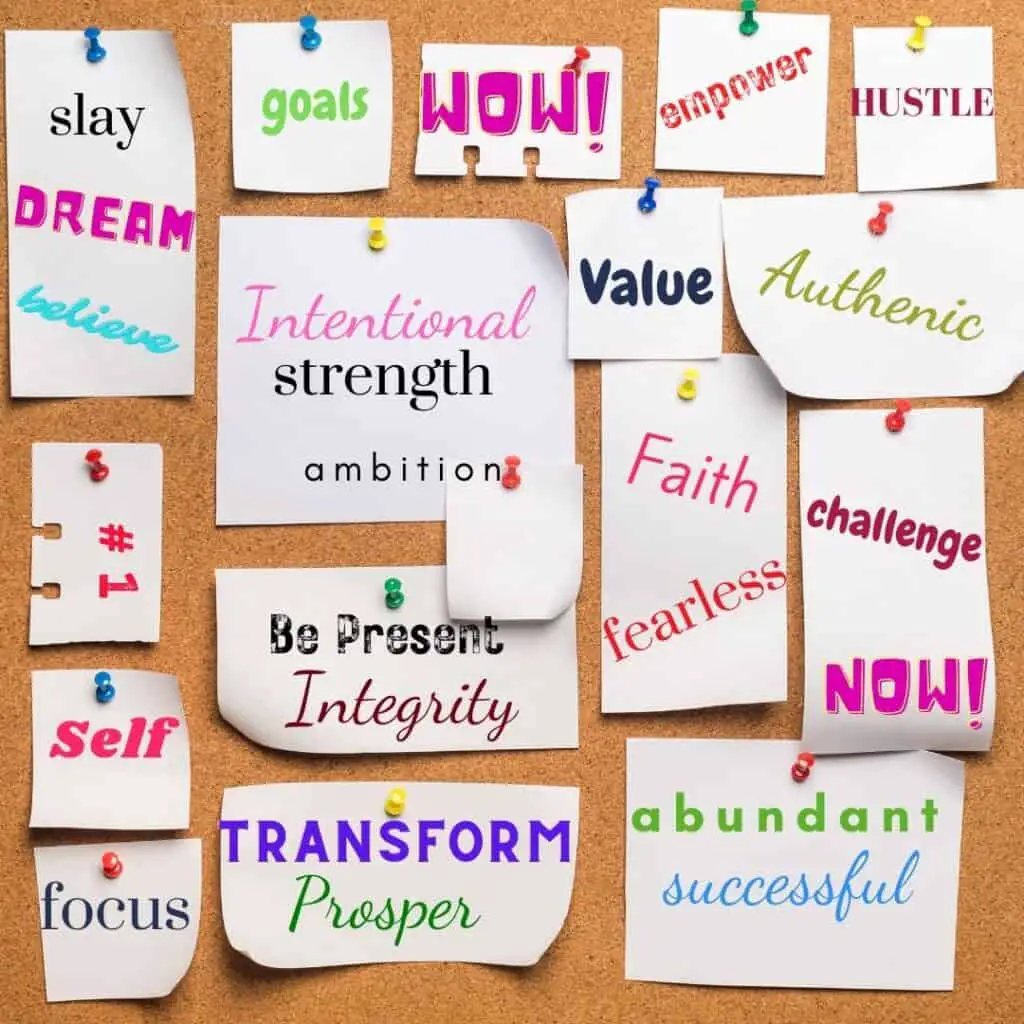 words can be powerful motivators.  image: bulletin board with examples of motivational words for business goals